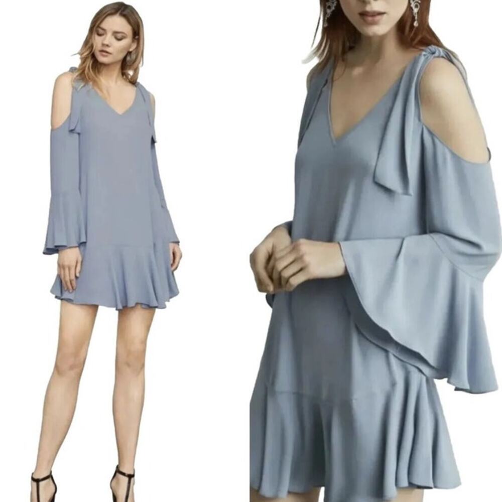 BCBGMaxAzaria Ellyson Mini Dress XXS Blue Chambray Cold Shoulder Swing Baby Doll